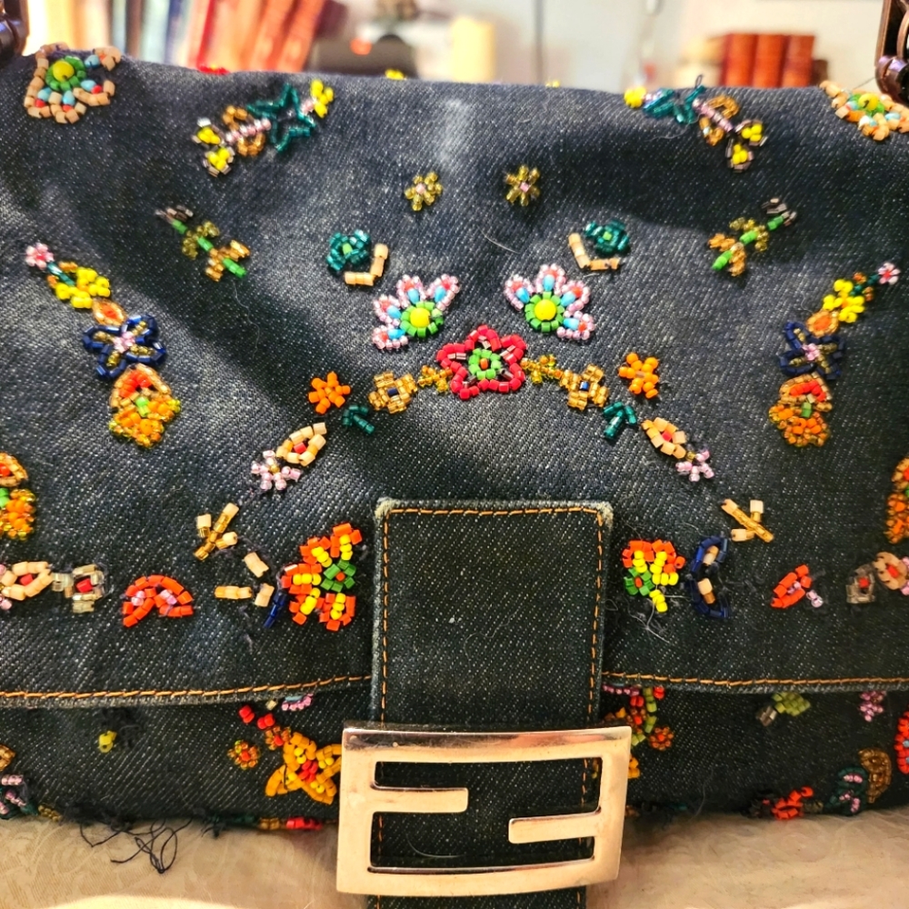 Fendi Ricami Denim Floral Color Beaded Baguette Embellished Leather Shoulder Bag